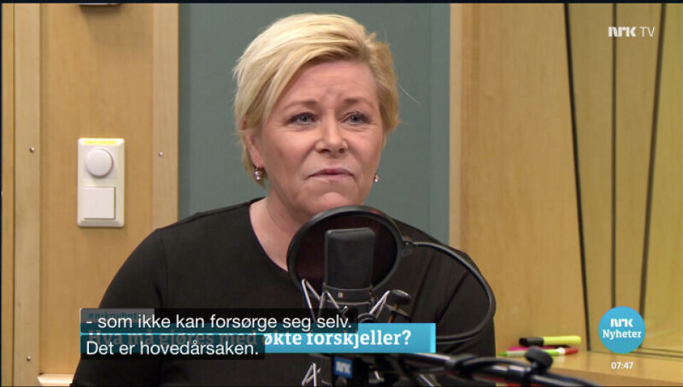 Finansminister Siv Jensen (Frp) snakket om økende ulikhet på Politisk kvarter. Skjermdump fra nrk.no. Finansminister Siv Jensen (Frp) snakket om økende ulikhet på Politisk kvarter.