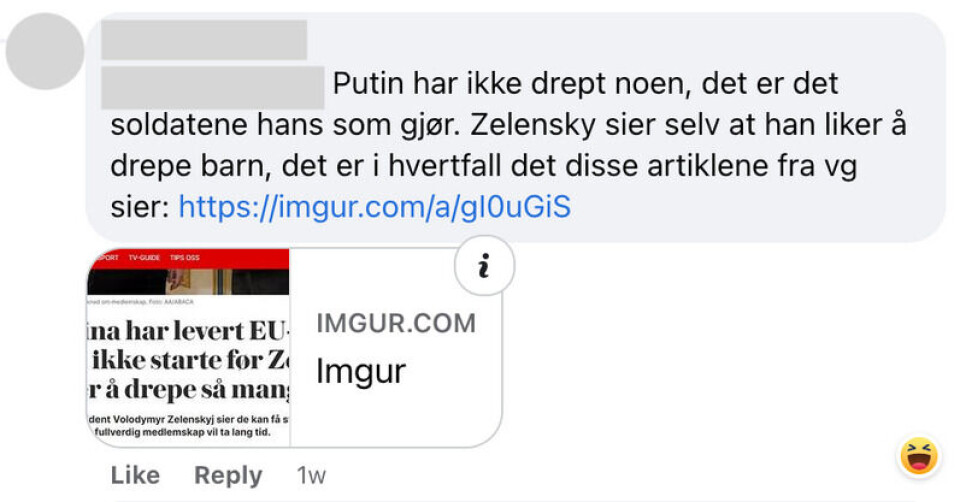 Alle de tre falske VG-artiklene ble delt i et kommentarfelt på TV 2s Facebook-side i april. Merk at lenken er til bildedelingstjenesten Imgur, og ikke til VG. Det er et tegn på at artikkelen er falsk. Skjermbilde: Facebook.