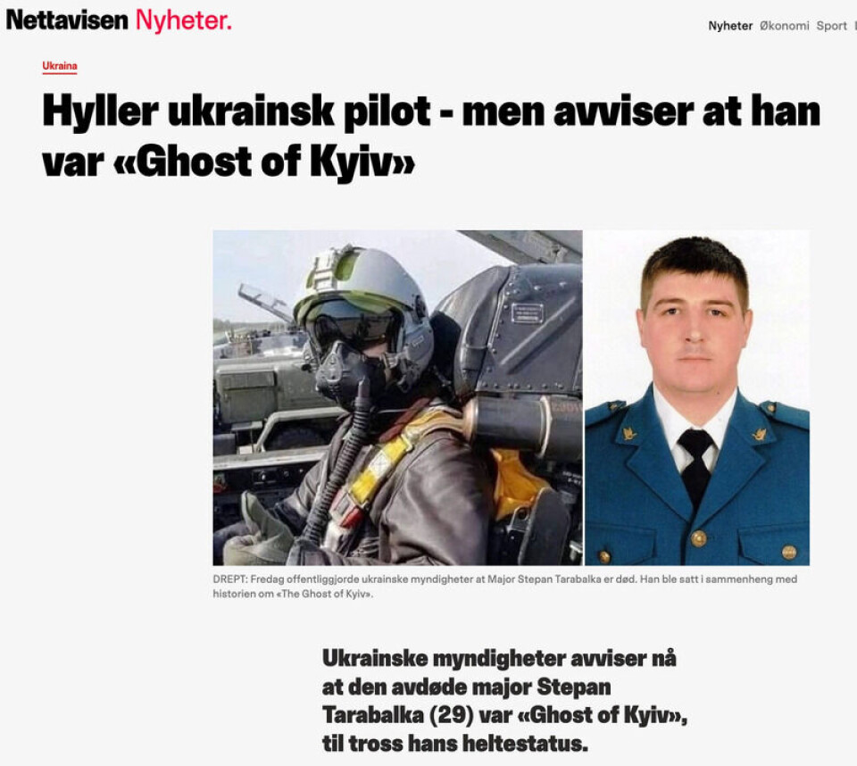 1. mai oppdaterte Nettavisen artikkelen og byttet tittel. I denne versjonen står det at ukrainske myndigheter avviser at den døde piloten var «Ghost of Kyiv». Skjermbilde: WaybackMachine.