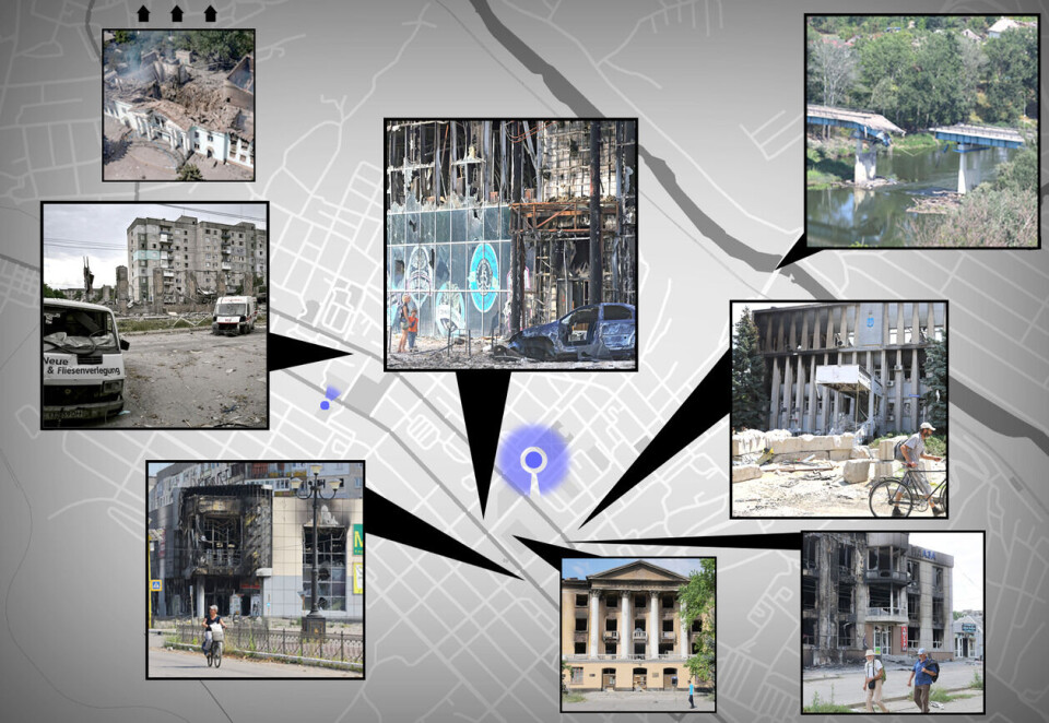 Kartmontasjen viser hvor den russiske videoen ble filmet (blått felt), og faktiske ødeleggelser i sentrum og rundt Lysytsjansk. Montasje: Faktisk Verifiserbar.