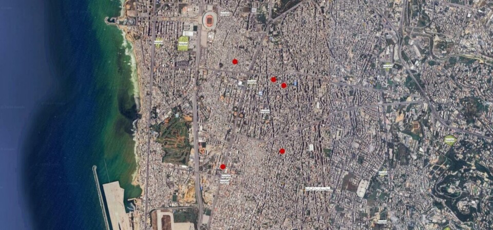 Bildet over viser varmeutvikling som er registrert i den Hizbollah-dominerte bydelen Dahieh sør i Libanons hovedstad Beirut mellom 1. og 8. oktober. Det er lagt på satellittbilder fra Google, og posisjonsdata over sykehus i Libanon er hentet fra Open street map ved hjelp av kartprogrammet QGIS. Vi har gjort tilsvarende søk for hele Libanon, inkludert de hardest bombede områdene i sør, uten å finne branner i sykehus i oktober.