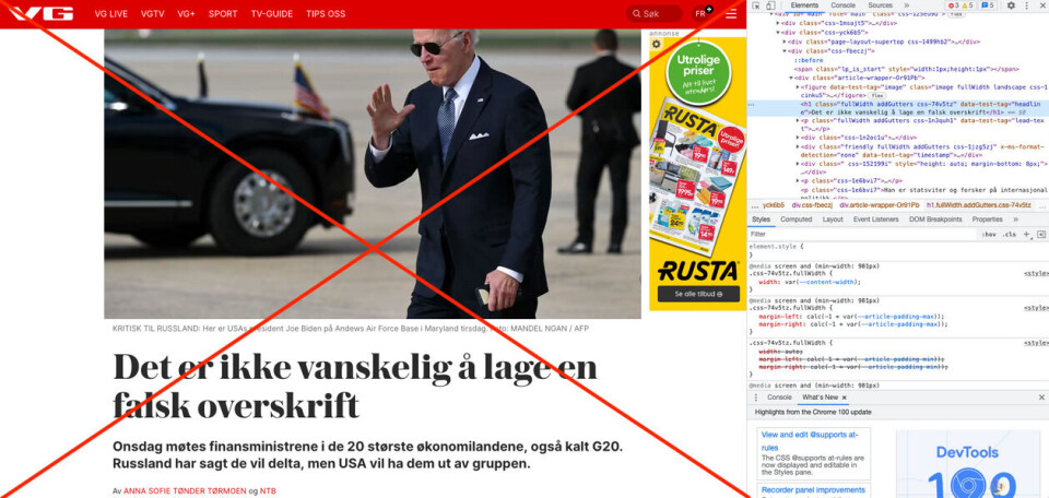 Ved å bruke «inspiser»-funksjonen i Google Chrome, kan man enkelt endre tekst og bilder i nyhetssaker på sin egen skjerm. Her har Faktisk.no endret VGs tittel. Skjermbilde: VG / Google.
