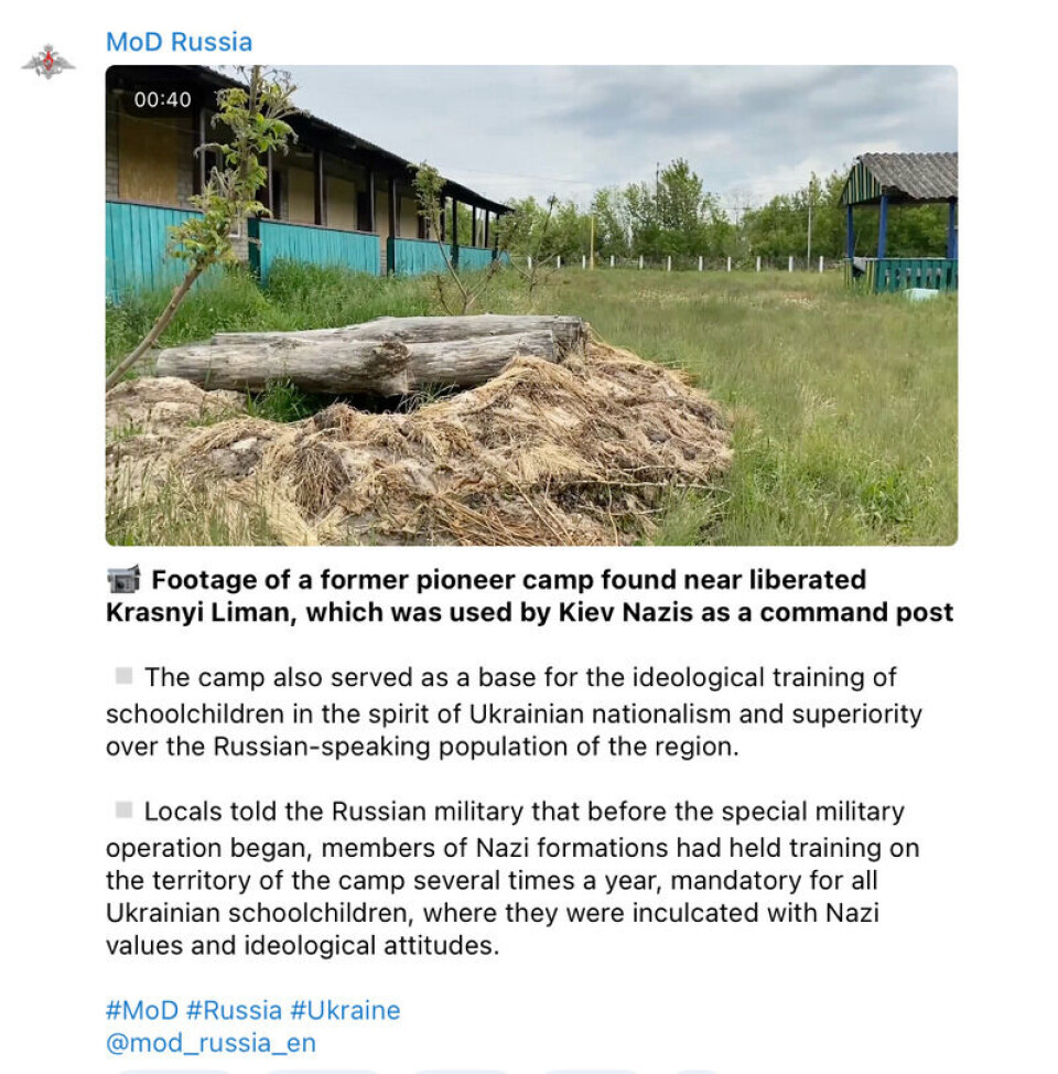 Det russiske forsvarsdepartementet har blant annet lagt ut videoklipp av leiren på Telegram. Skjermdump: Telegram.