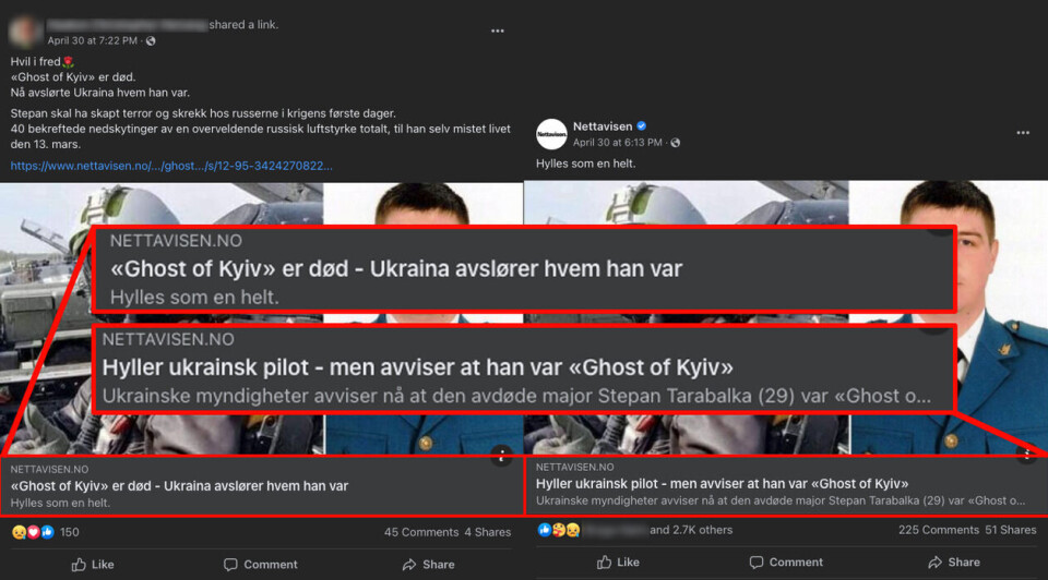 Nederst er tittelen slik den fremstår i Facebook-innlegget til Nettavisen nå. Øverst slik den fremstår i en deling som ble gjort før Nettavisen oppdaterte artikkelen. Begge skjermbildene er tatt 3. mai 2022. Skjermbilder: Facebook.