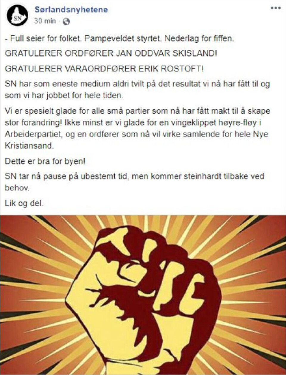 Sørlandsnyhetene sa seg svært fornøyd med valgresultatet. Skjermdump: Facebook