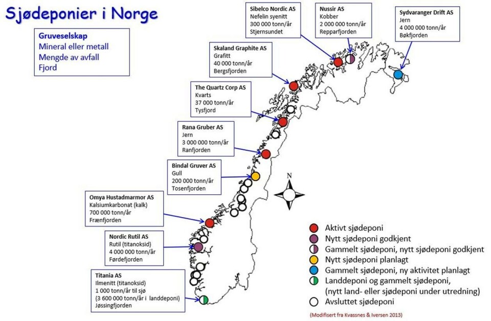 Tallene viser hvor mye som maksimalt er lov å slippe ut. Hva som faktisk slippes ut, vil variere en del fra år til år. Kartet er oppdatert per januar 2022. Quartz Corp regnes ofte ikke som et sjødeponi, siden det er ikke er avgang som går ut i fjorden, men mest prosessvann. Kilde: Havforskningsinstituttet / Miljødirektoratet.