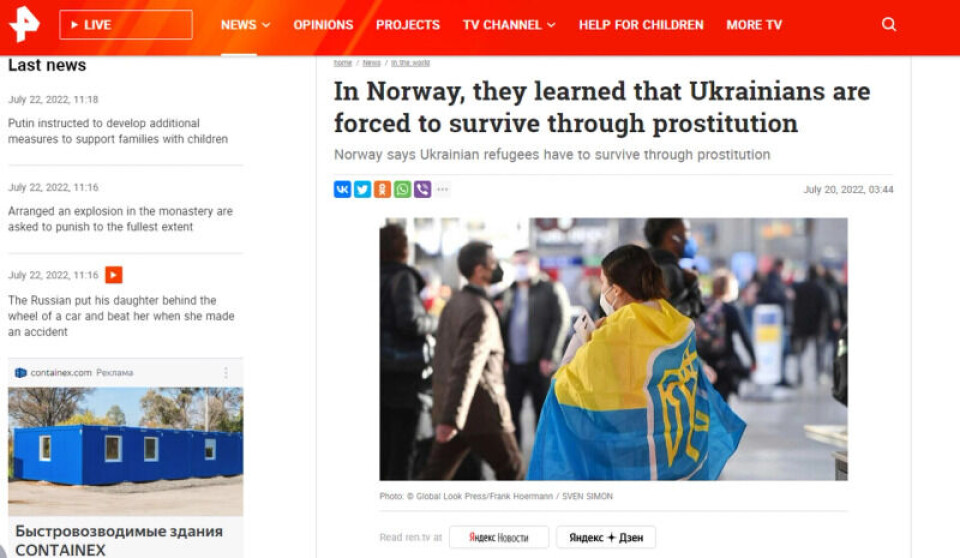 REN TV meldte at ukrainere i Norge blir tvunget til å prostituere seg. Skjermbilde: REN TV.