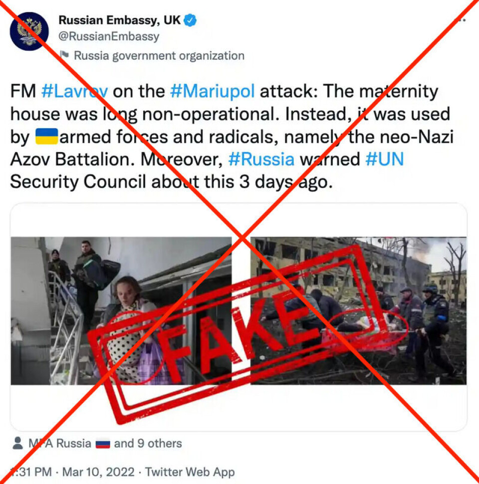 Den russiske ambassaden i Storbritannia hevdet på Twitter at det ikke var aktivitet på sykehuset som Russland bombet i Mariupol i Ukraina. Twitter har nå fjernet denne og andre Twitter-meldinger fra ambassaden. Skjermbilde: Twitter.