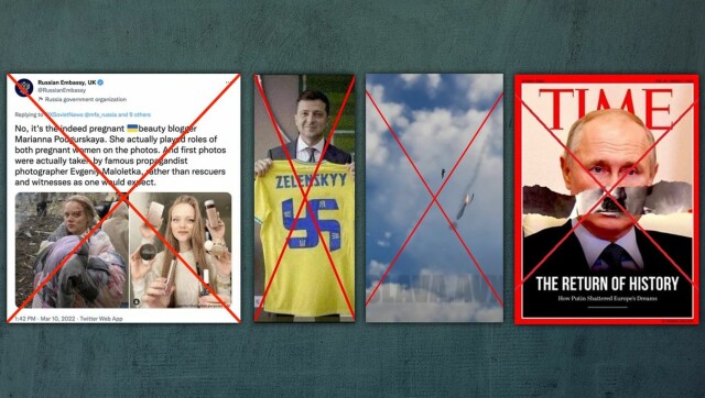 Mange av de samme feilaktige påstandene om krigen i Ukraina sprer seg fra land til land. Disse bildene har blitt mye faktasjekket på tvers av landegrensene. Skjermdumper: Facebook /Twitter /YouTube. hovedbilde