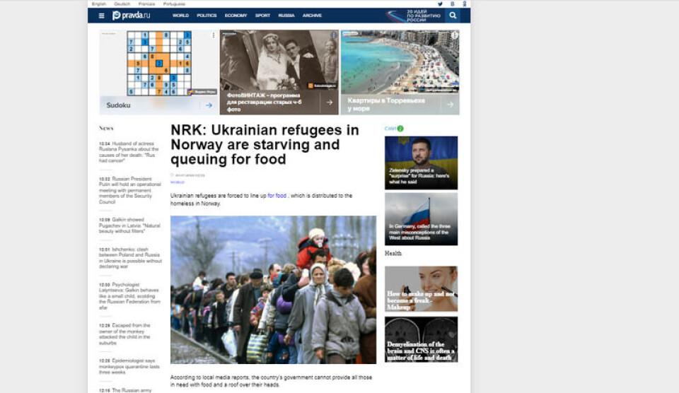 Bildet brukt i artikkelen til russiske Pravda er ikke av matkøen i Stavanger. Skjermbilde: Pravda.