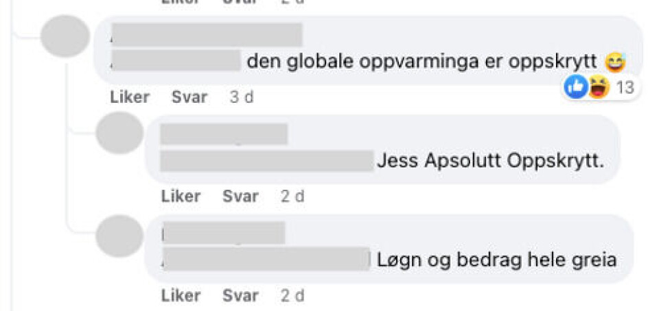 I kommentarfeltene på Facebook var det mange som mente at snørekorden i Tromsø var et tegn på at den globale oppvarmingen er oppskrytt eller ikke eksisterer. Skjermbilde: Facebook.
