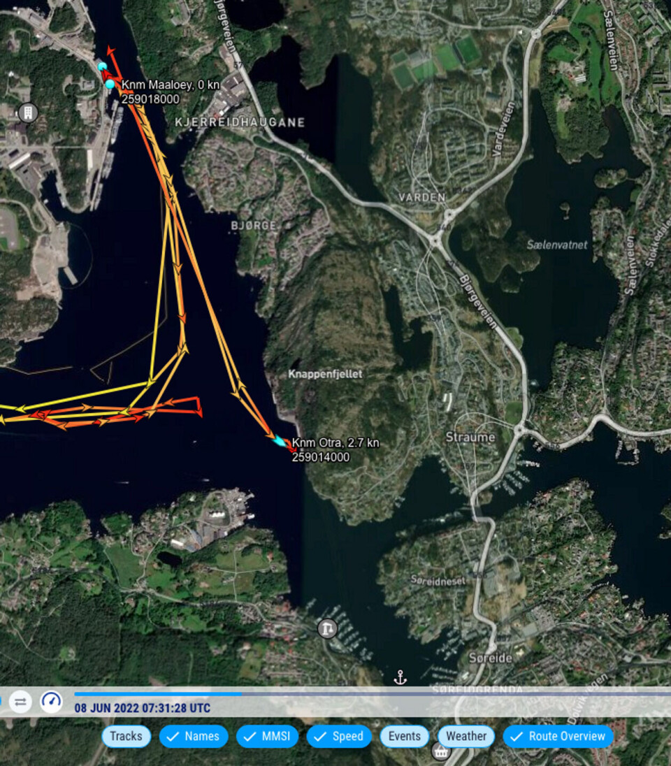 8. juni var NATO-øvelsen i Østersjøen godt i gang. «KNM Otra» (M351) skal derimot ha oppholdt seg ved Haakonsvern utenfor Bergen. Foto: Marine Traffic