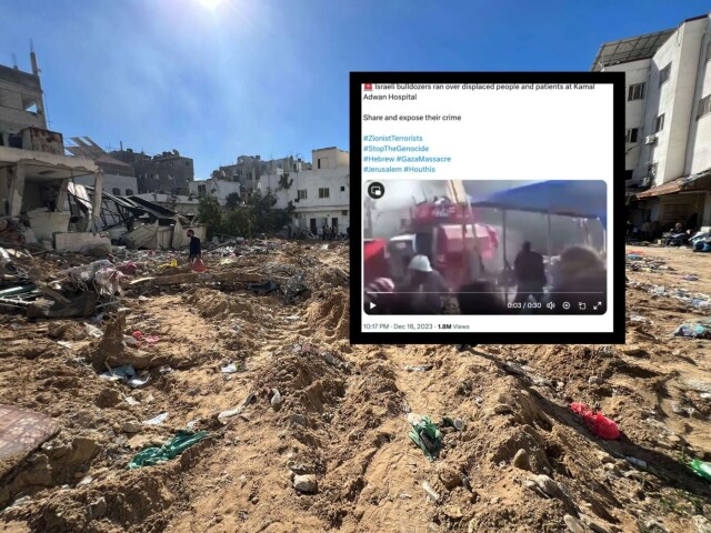 På bildet (i bakgrunnen) ser man hvordan det så det ut etter et israelsk raid på Kamal Adwan-sykehuset nord i Gaza. Bildet er tatt 16. desember 2023. Foto: Fadi Alwhidifa, Reuters / skjermdump, X hovedbilde