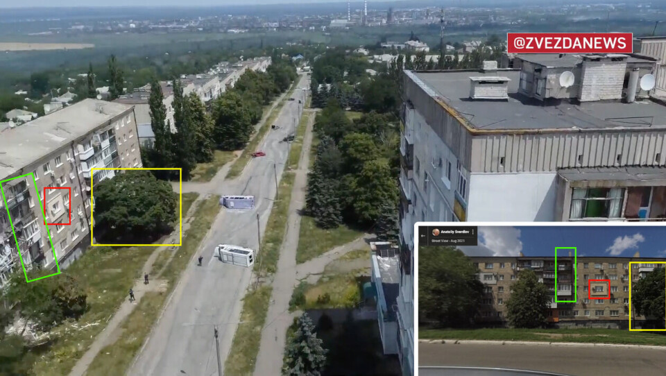 Faktisk Verifiserbar har geolokalisert skadene på boligblokken. De kan ikke ha skjedd før august 2021. Montasje: Faktisk Verifiserbar.