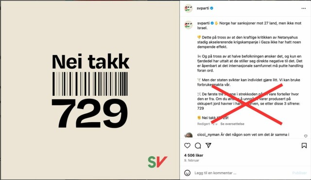 Sosialistisk Venstreparti (SV) postet dette innlegget 9. februar 2024, der de oppfordrer til boikott av varer som har en strekkode som starter med et spesifikt tall. Foto: Skjermdump Instagram hovedbilde