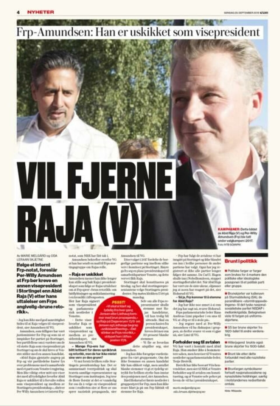 Høsten 2019 var det ikke knallgod stemning mellom flere i Frp og Abid Raja, etter at sistnevnte karakteriserte partiets retorikk som brun propaganda (klikk på faksimile for stor versjon). Faksimile: VG, 29. september 2019