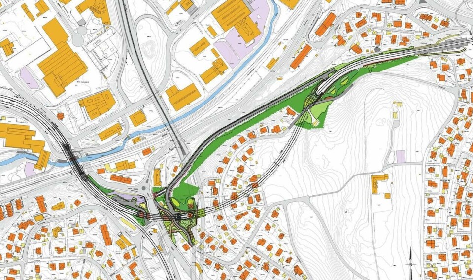 Tegningen viser hvor den nye traseen skal gå. Den gamle traseen er den grå strekningen, og det er her de planlegger gang- og sykkelvei. Tegning: Sporveien AS