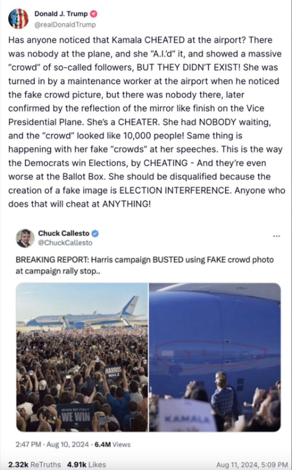 Dette skrev Trump om publikumsoppmøtet på flyplassen. Skjermdump, @realDonaldTrump på Truth Social.