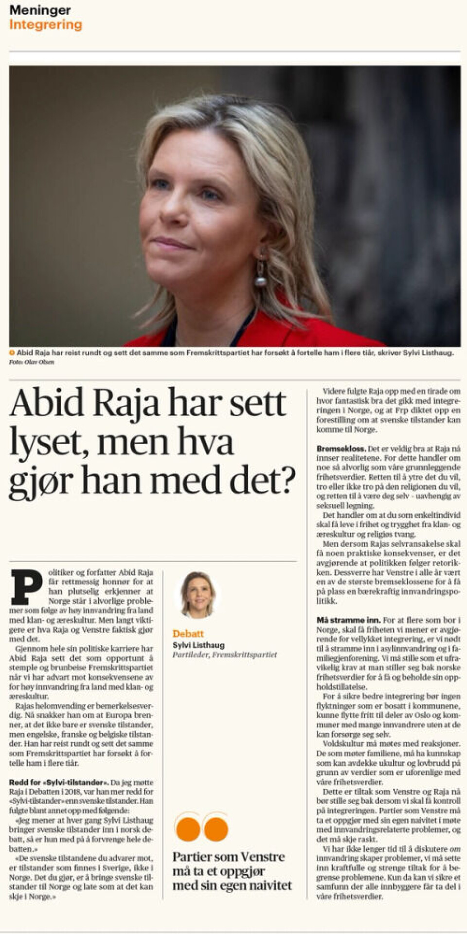 Sylvi Listhaug mener Abid Raja får «rettmessig honnør» (klikk på faksimile for stor versjon). Faksimile: Aftenposten, 3. september 2024