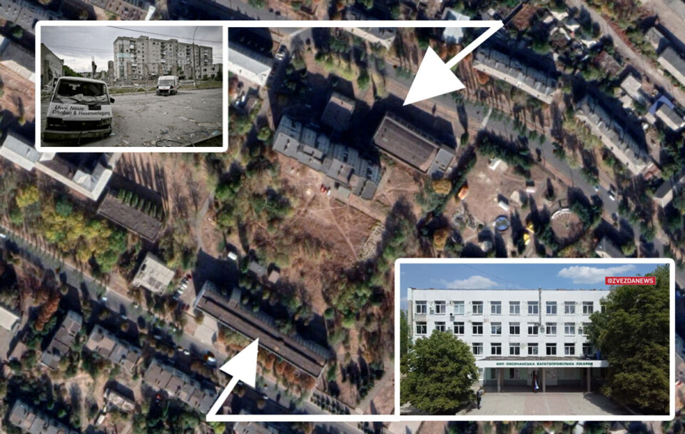 Nabobygget bak sykehuset er totalrasert. Der det før sto en bygning, står nå kun skjelettet av bygningen igjen. Foto: Aris Messinis / AFP. Montasje: Faktisk Verifiserbar.