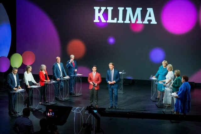 Partilederne under NRKs direktesendte partilederdebatt på kulturhuset i Arendal. Foto: Heiko Junge / NTB hovedbilde