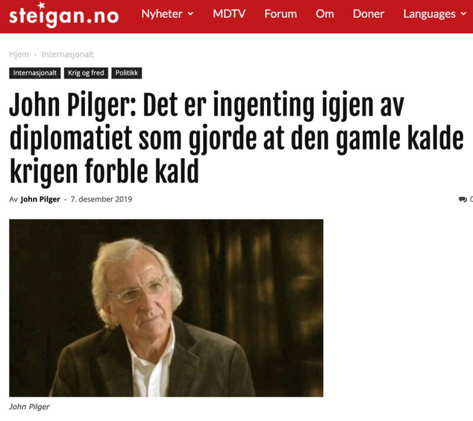 I 2019 publiserte Steigan.no en artikkel hentet fra et russisk proxy-nettsted. Slike nettsteder fremstår som uavhengige, men er direkte eller indirekte kontrollert av russiske myndigheter. Skjermbilde: Steigan.no.