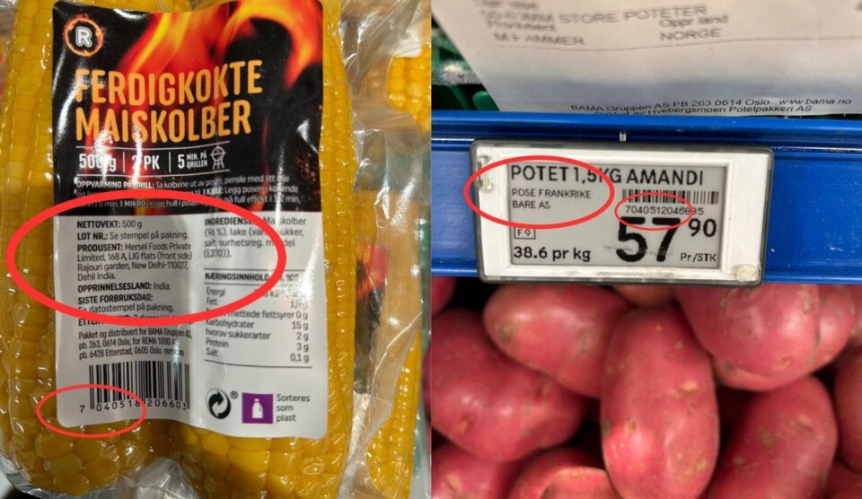 Ferdigkokte maiskolber på Rema 1000 og franske poteter er eksempler på varer som har prefiksen 70, men som har India og Frankrike som opprinnelsesland. Foto: Rim Hjelde Elmofty