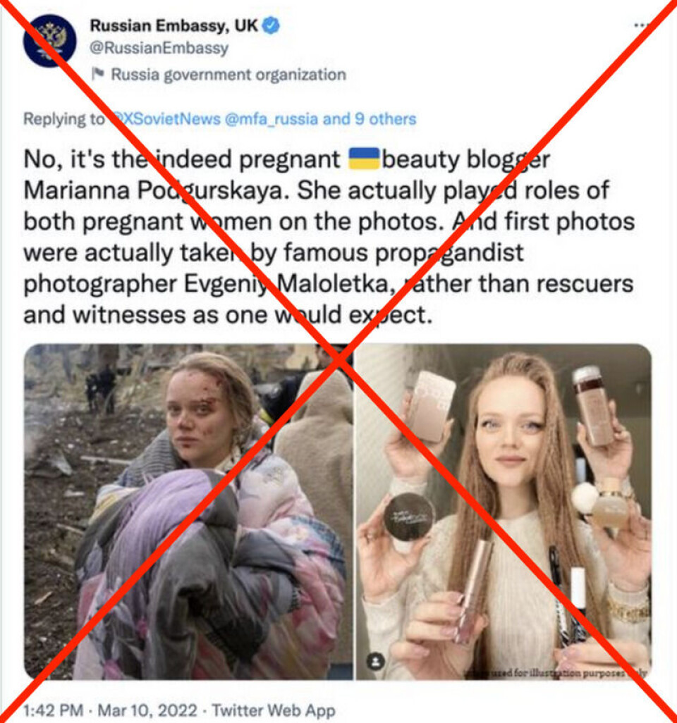 Den russiske ambassaden i Storbritannia påsto at et av de høygravide ofrene for bombingen, som også er skjønnhetsblogger, var en «kriseskuespiller». Det stemmer ikke. Skjermdump: Twitter.