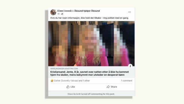 Falske artikler om en «savnet» jente er delt over hele Norge. Bildet er det samme, men stedsnavn og lenker endres. Skjermdump: Facebook hovedbilde