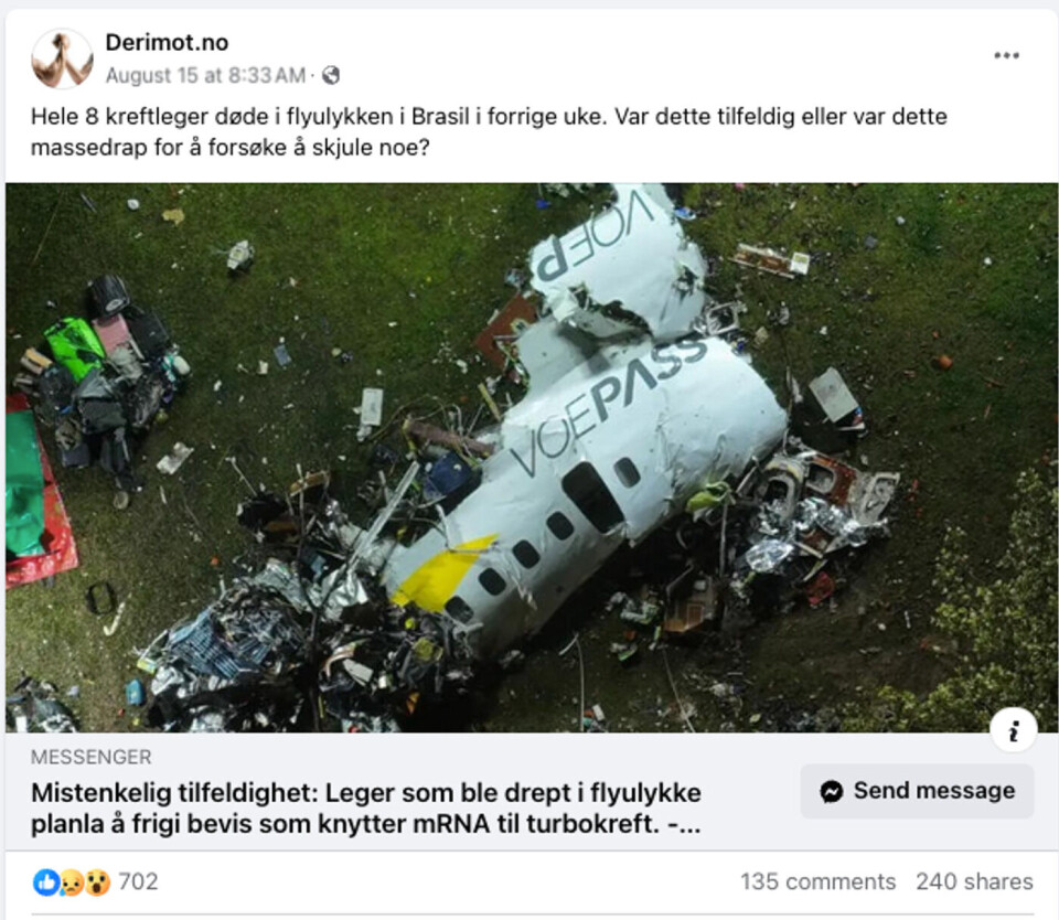 Derimot.no spør på Facebook om flystyrten var et massedrap for å skjule noe. Innlegget har blitt delt av 240 brukere.