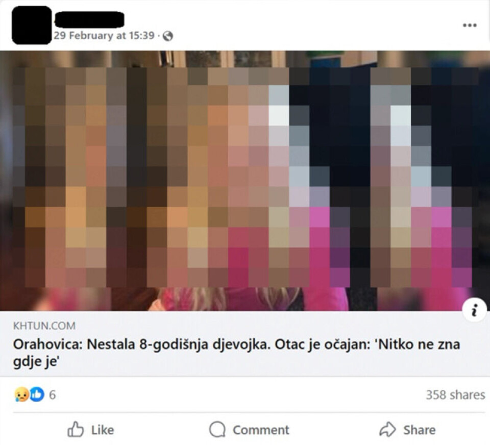 De kroatiske faktasjekkerne i Faktograf skrev i februar at falske nyheter om en savnet jente i Orahovici ble spredt på sosiale medier. Lenken førte til en nettside som etterlignet en Facebook-post fra en kroatisk nyhetsside. Skjermdump: Facebook, via Faktograf