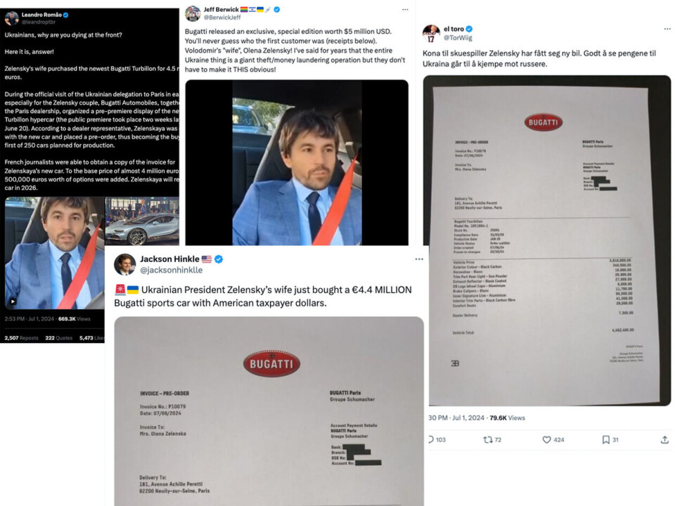 Noen av de mange delingene av luksusbilhistorien på X. Skjermdumper: X