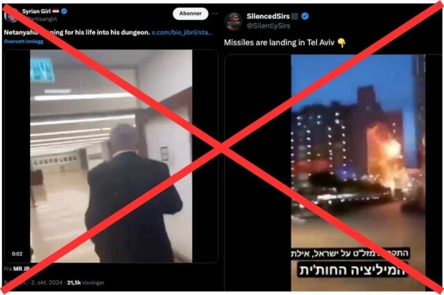 I krisesituasjoner blir videoer og bilder ofte tatt ut av kontekst og fremstilt misvisende. Det samme gjelder for angrepene i Israel tirsdag kveld. Foto: Skjermdumper, X. hovedbilde