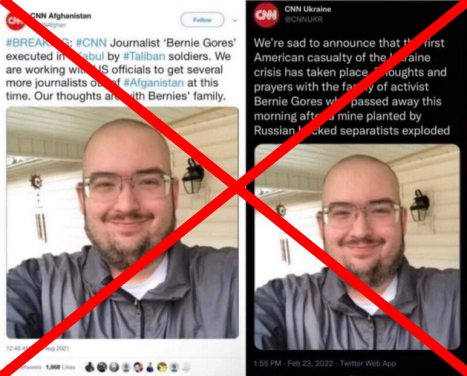 Samme mann ble ikke meldt død to ganger. De to Twitter-kontoene som virket å være fra CNN, var begge falske. Skjermdump: Twitter.