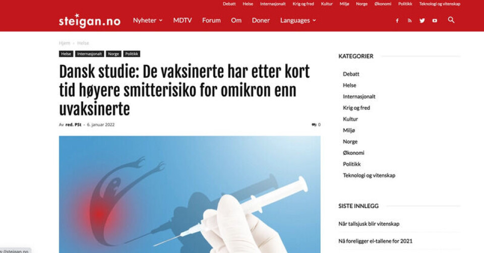 Studien det vises til er fra Statens Serum Institut. Forskerne bak mener dette er en misvisende fremstilling. Skjermdump: Steigan.no.