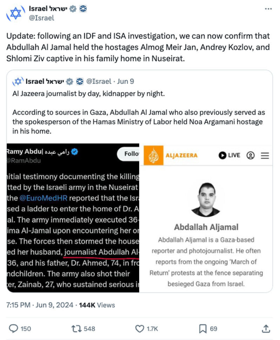 Israel skrev først at Aljamal har holdt gisselet Noa Argamani til fange, men rettet senere dette til at han hadde gislene Almog Meir Jan, Andrey Kozlov og Shlomi Ziv i familiens hjem i Nuseirat. Skjermdump: Den offisielle kontoen til Israels utenriksdepartement på X