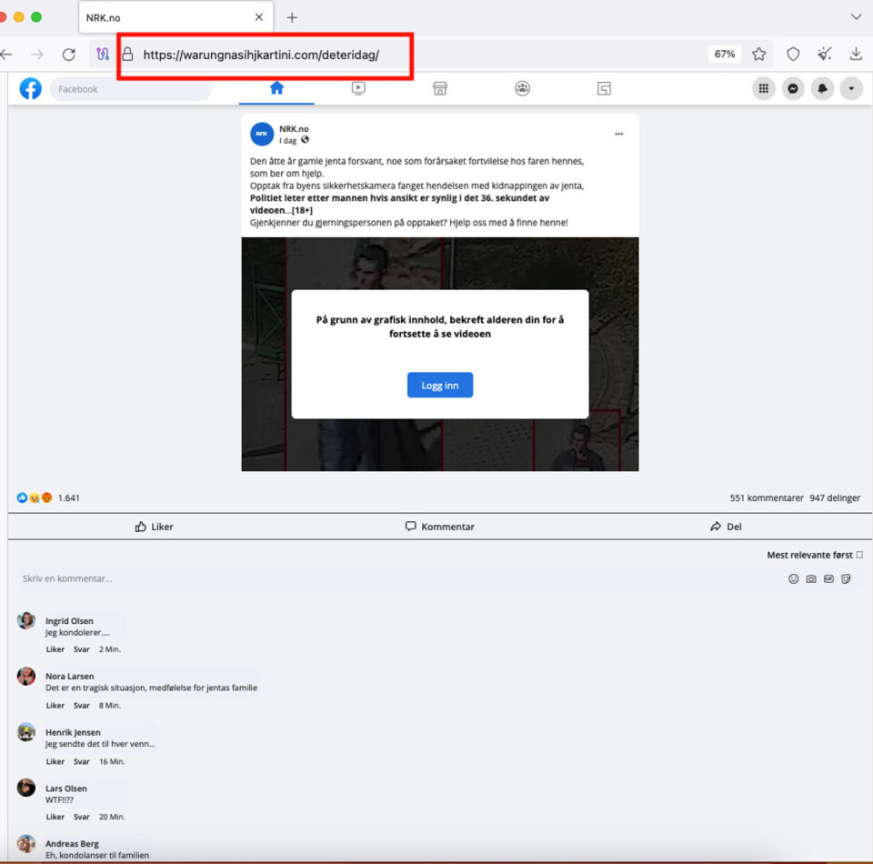 Faktisk.no klikket på lenken som ble delt 23. april i år. Den fører oss til en falsk Facebook-side. Sjekker vi nettadressen (rød markering), ser vi at vi ikke lenger befinner oss på Facebook. Skjermdump