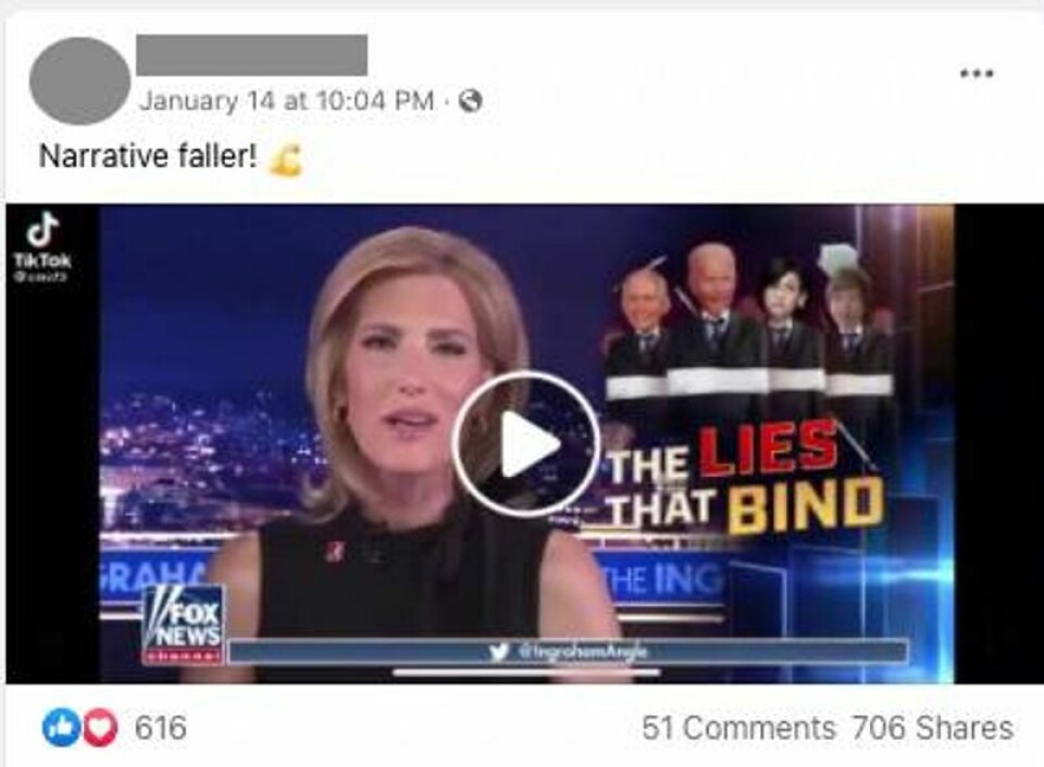 Et klipp fra programmet The Ingraham Angle på Fox News deles på Facebook og Tik Tok. Her viser programleder Laura Ingraham til den danske studien. Skjermdump: Facebook.