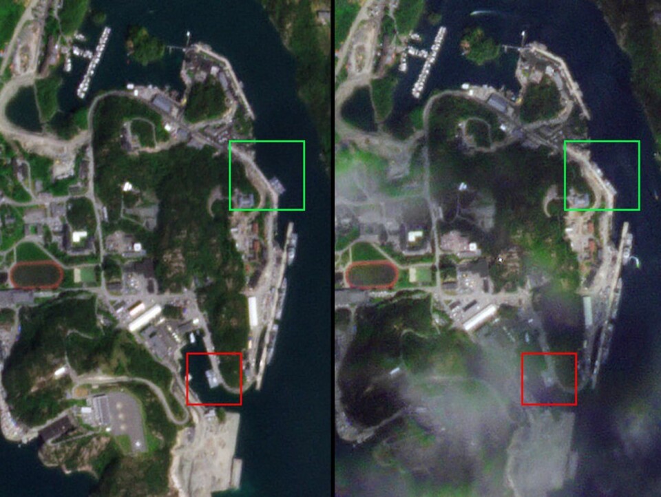 Haakonsvern 7. og 8. juni, mens NATO-øvelsen BALTOPS 22 er i gang for fullt i Østersjøen ligger «KNM Otra» av Alta-klassen og «KNM Måløy» av Oksøy-klassen til kai ved Haakonsvern (grønn sirkel), og «KNM Alta» og «KNM Karmøy» ligger til kai i vika (rød sirkel). Sistnevnte har vært ute av tjeneste i siden 2012 og 2014. Foto: Planet Labs PBC
