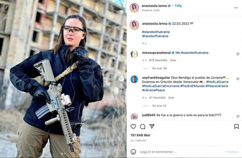 Dette bildet ble postet for å inspirere folk, ifølge Anastasiia Lenna. Den tidligere Miss Ukraina har ikke vervet seg til å krige mot Russland. Skjermdump: Instagram.
