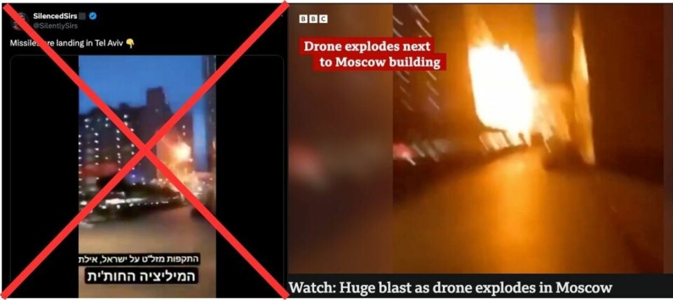 Til høyre ser man videoen publisert av BBC, som nå tas ut av kontekst og blir påstått å være fra tirsdagens angrep mot Israel. Foto: X og BBC