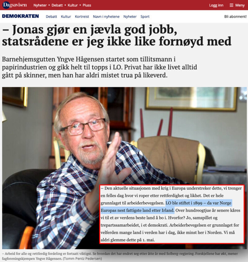 I april 2022 fortalte tidligere LO-leder Yngve Hågensen til Dagsavisen Demokraten at Norge var det nest fattigste landet i Europa for hundre år siden. Faksimile: Dagsavisen Demokraten.