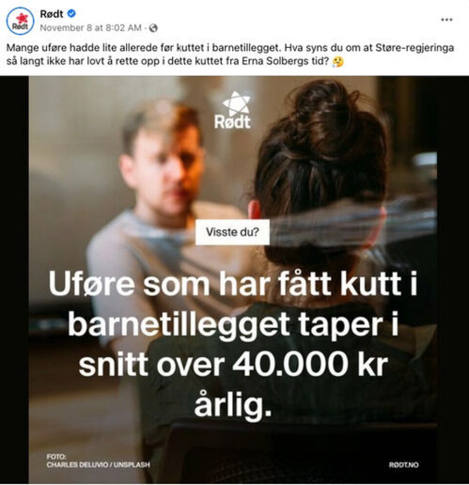 Skjermdump: Rødts Facebook-konto