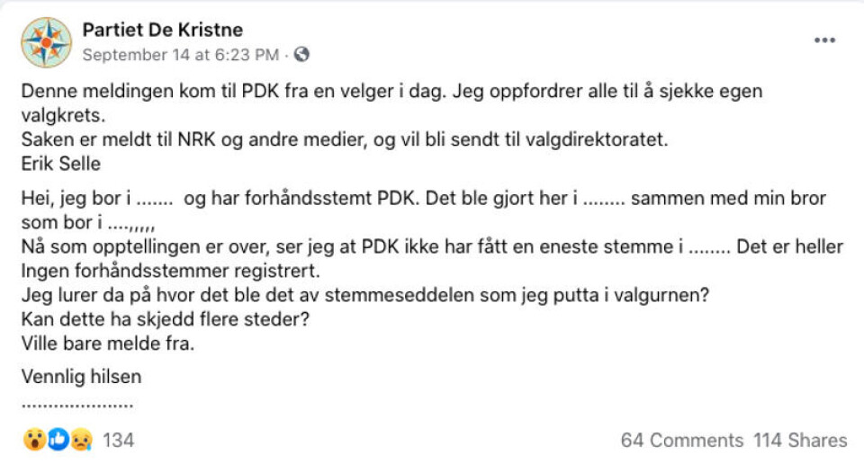 På Facebook-siden til Partiet De Kristne har det blitt en diskusjon om hvor avgitte forhåndstemmer har blitt av. Foto: Skjermbilde fra Facebook.