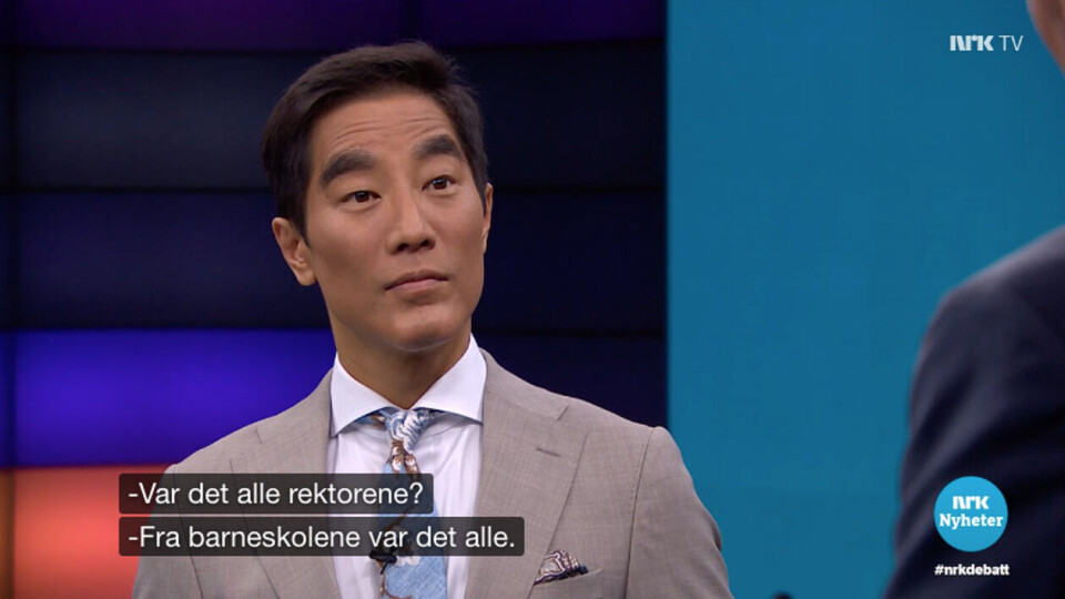 Fredrik Solvang i NRK spurte i Debatten om det var alle rektorene som ikke ønsket å flagge med regnbueflagg i Ålesund. Skjermdump, NRK