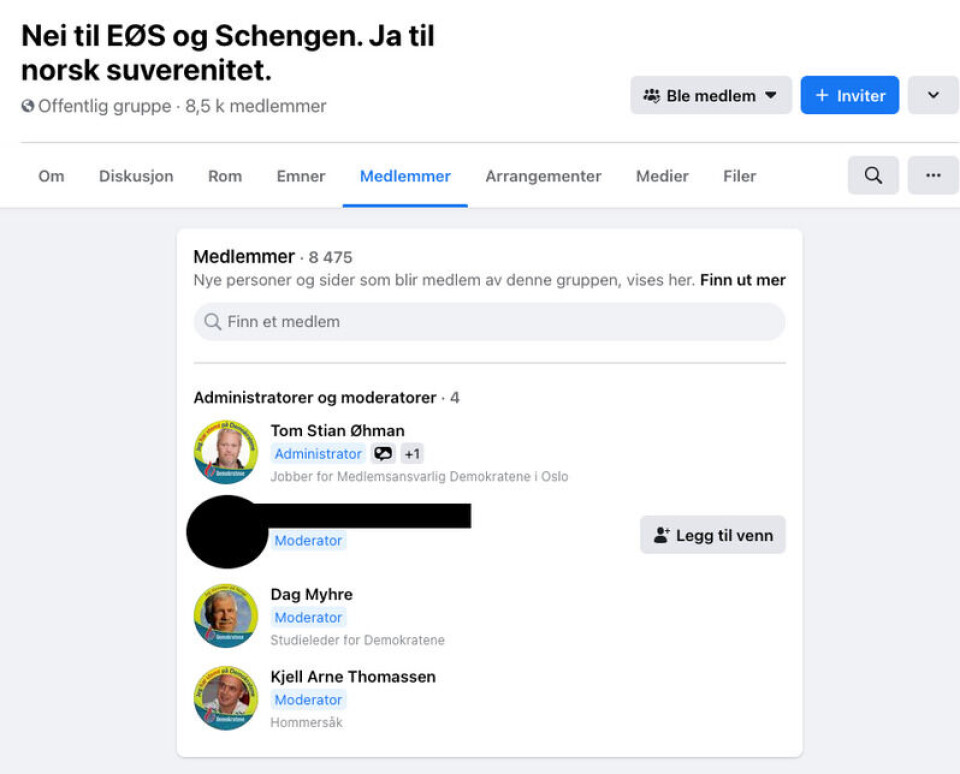 Administratorer og moderatorer fra Demokratene i «Nei til EØS og Schengen...». Skjermdump fra Facebook.
