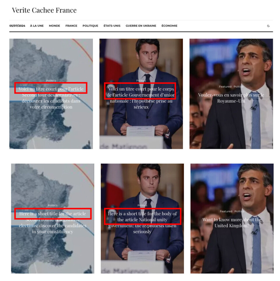 Fra forsiden til Verite Cachee. Øverst på originalspråket og nederst oversatt med Google Oversetter til engelsk.