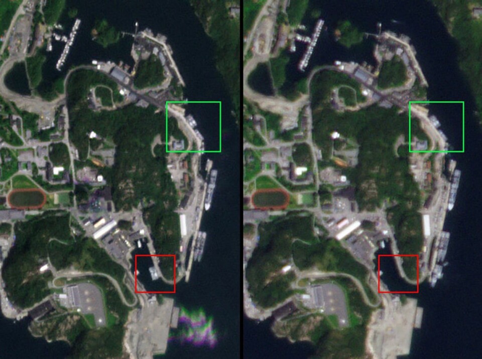 Haakonsvern 25 og 29. juni. Den 25. ser vi at «KNM Hinnøy» er tilbake. Dermed er det totalt tre minefartøy til kai. Den 29. juni ser vi at «KNM Alta» og «KNM Karmøy» er slept bort etter å ha lagt i opplag i mange år.