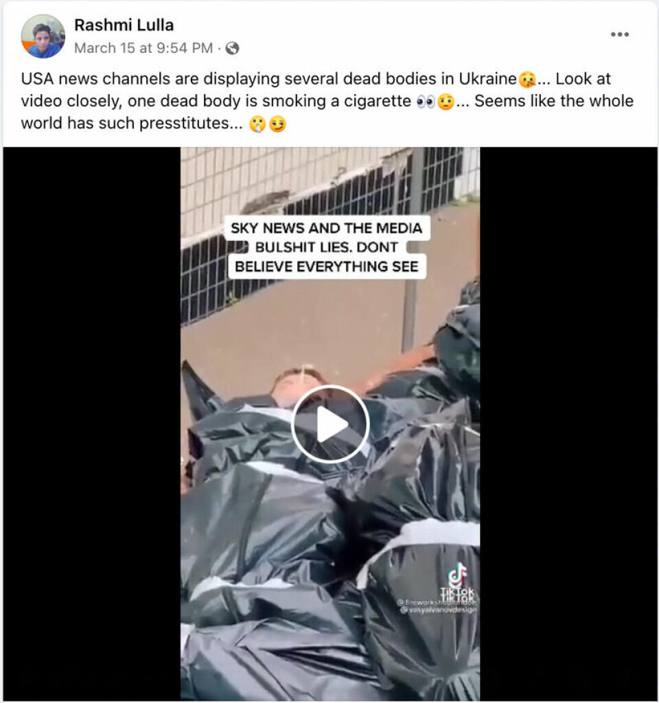 Det ble hevdet at medier viste en falsk video av ukrainske lik. Skjermdump, Facebook