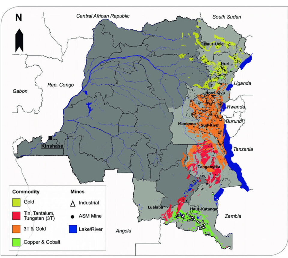 Over hele østlige Kongo utvinnes ulike mineraler. Det grønne feltet viser hvor det er kobber- og kobolt-gruver. Kartet er hentet fra rapporten «COVID-19 crisis threatens responsible mineral supply chains - a case study based on the DR Congo», av Det tyske føderale instituttet for geovitenskap og naturressurser (BGR)